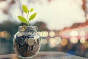 a jar full of money with a plant growing out of it